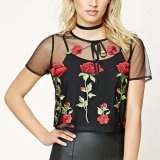 Fashion Two Piece Set Embroidery Mesh Lace Camisole Blouse