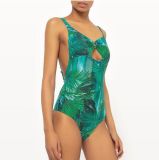 Fashion Green Printing One-Piece Backless Swimwear Swimming Wear