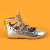 Flat Silver Metallic Leg Tie Boots Sandals for Teenage Girls