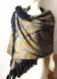 Lambswool Black Shawl Print Gold Paisley with Fur Tails