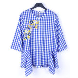 New Style Customized Casual 3/4 Sleeve Blouse Designs Embroidery Plaid Ladies Blouse