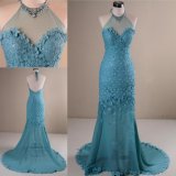 New Flowers Lace and Chiffon Mermaid Blue Party Evening Dress