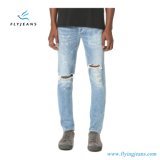 Fashion Men Distressed Skinny Jeans with Worn-in Whisker and Repaired Holes (Pants E. P. 4126)
