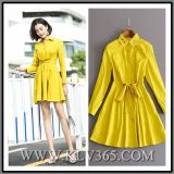 Fashion Casual Ladies Cotton Yellow Long Sleeve Party A-Line Shirt Dress