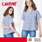 Blue and White Stripe Embroidery V-Neck Women Shirt