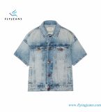 Light-Blue Rolled Sleeve Trucker Jacket with Monkey Enzyme Vintage Washes