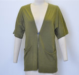 Spring Short Sleeve V-Neck Loose Knit Women Cardigan with One Button