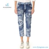 Fashion Shredded Denim Patched and Worn Cropped Jeans for Ladies and Women
