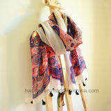 New Arrival Paisley Polyester Lady Scarf with Colored Tassels (HWBP104)