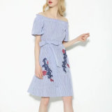 Fashion Women Flower Embroidery off Shoulder Stripe Bandage Dress