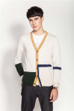 100%Cotton V-Neck Knit Color Block Men Cardigan with Button