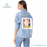 Women Relaxed Denim Jacket with Shredded Holes and Marvel Patch