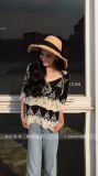 Fashion High Quality Black Semi Sexy Sheer Sleeve Embroidery Floral Lace Crochet Blouse