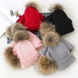 Women Plain Twisted Knitting Fur Pompom Beanie Hats