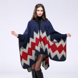 Women's Color Block Open Front Blanket Poncho Geometric Cashmere Cape Thick Warm Throw Poncho Wrap Shawl (SP211)