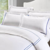 250tc Percale Cotton White Background Navy Blue Embroidered Lines Bedding