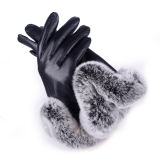 2018 New Fashion Warm Winter Ladies Rabbit Fur Trim Leather Gloves