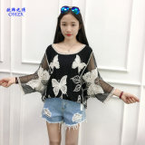 2017 Autumn Women White Sexy Cotton Lace Butterfly Embroidery Shirt Ladies Long Sleeve Loose Boho Bblouse Tops