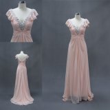 Ruched Beading V-Neck Pink Chiffon Ladies Dress Party Evening Gown
