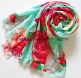 Thin Turquoise Ground Red Flower Printing Viscose Lady Scarf (HWBVS87)