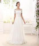 Vintage off Shoulder Half Sleeves Lace Edge A-Line Wedding Dress with Illusion Waistband