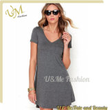 Grey Jersey Fabric V Neckline Short Sleeves T Shirt Knit Dress