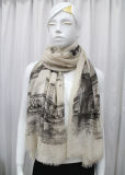 Lady Fashion Landscape Printed Cotton Voile Silk Scarf (YKY1078)