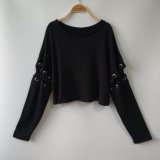 Ladies' Black CVC French Terry Pullover with Eyelets Decoration