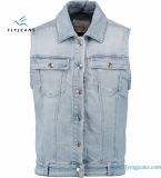 Light-Blue Sleeveless Jacket Vest for Women with MID-Weight Stretch Denim