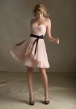Pink Chiffon with Satin Black Sash Homecoming Short Bridesmaid Dresses