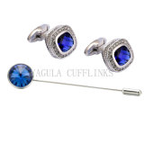 VAGULA Fashion Brooch Pin and Blue Crystal Cufflink Set 723