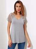 High Quality Casual Style Lace Yoke Open Back Heather Knit Tee/ Shirt