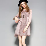 Fashion Floral Pink Women Dress with Falbala for Winter's Clothes