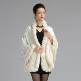 Lady Acrylic Knitted Faux Fur Trim Winter Fashion Shawl (YKY4475)