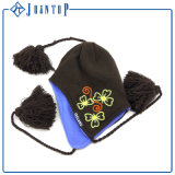 Custom Embroidery Slouch Knitted Earflap Beanie with Pompom