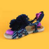 Newest Fashion Ladies Design POM POM Elastic Espadrilles Flat Sandals Blue