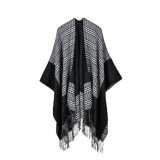 Women's Color Block Open Front Blanket Poncho Checked Reversible Cashmere Like Cape Thick Winter Warm Stole Throw Poncho Wrap Shawl (SP237)
