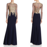 Embroidered Bodice Long Sleeves Evening Gown Party Wear Women Apparel