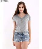 100% Cotton Summer New Women Short Sleeve T-Shirt Solid Color Big Size Loose Casual V-Neck Lady Beaded T-Shirt