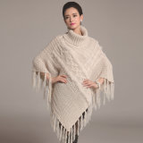 Lady Fashion Acrylic Knitted Rabbit Fur Fringe Shawl Poncho (YKY4476)