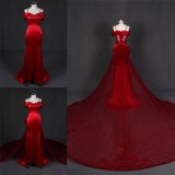 off Shoulder Red Satin Dress Detachable Long Train Evening Gown