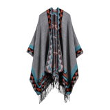 Women's Color Block Open Front Blanket Poncho Bohemian Cashmere Like Cape Thick Winter Warm Stole Throw Poncho Wrap Shawl (SP233)
