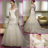 Long Sleeves Ivory Organza Applique Beaded Wedding Dress Lb01