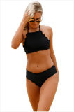 Black Scalloped Trim Halter Bikini Set
