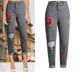 Fashion European Loose Leisure Hole Embroidery Denim Jeans for Women