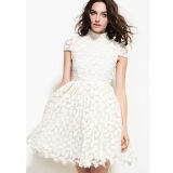 High-End Lady White Lace Turtleneck Dress with Cap Sleeves