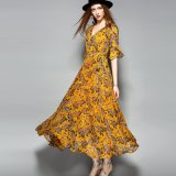Fashion Floral Flare Sleeve Women Maxi Dress with Belt