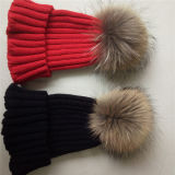Custom Women Knit Crochet Hat with Fox Bobble Fur Ball POM Poms Winter Hat