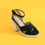 Suede Womens Cheap High Heel Black   Espadrilles Sandals