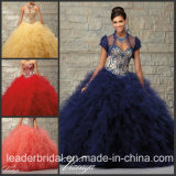 Coral Red Ruffed Ball Gown Blue Gold Embroidery Quinceanera Dress Ld15218